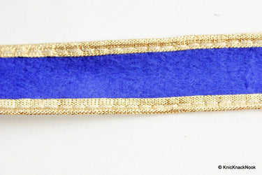 Blue Velvet Trim Ribbon WIth Gold Border Piping